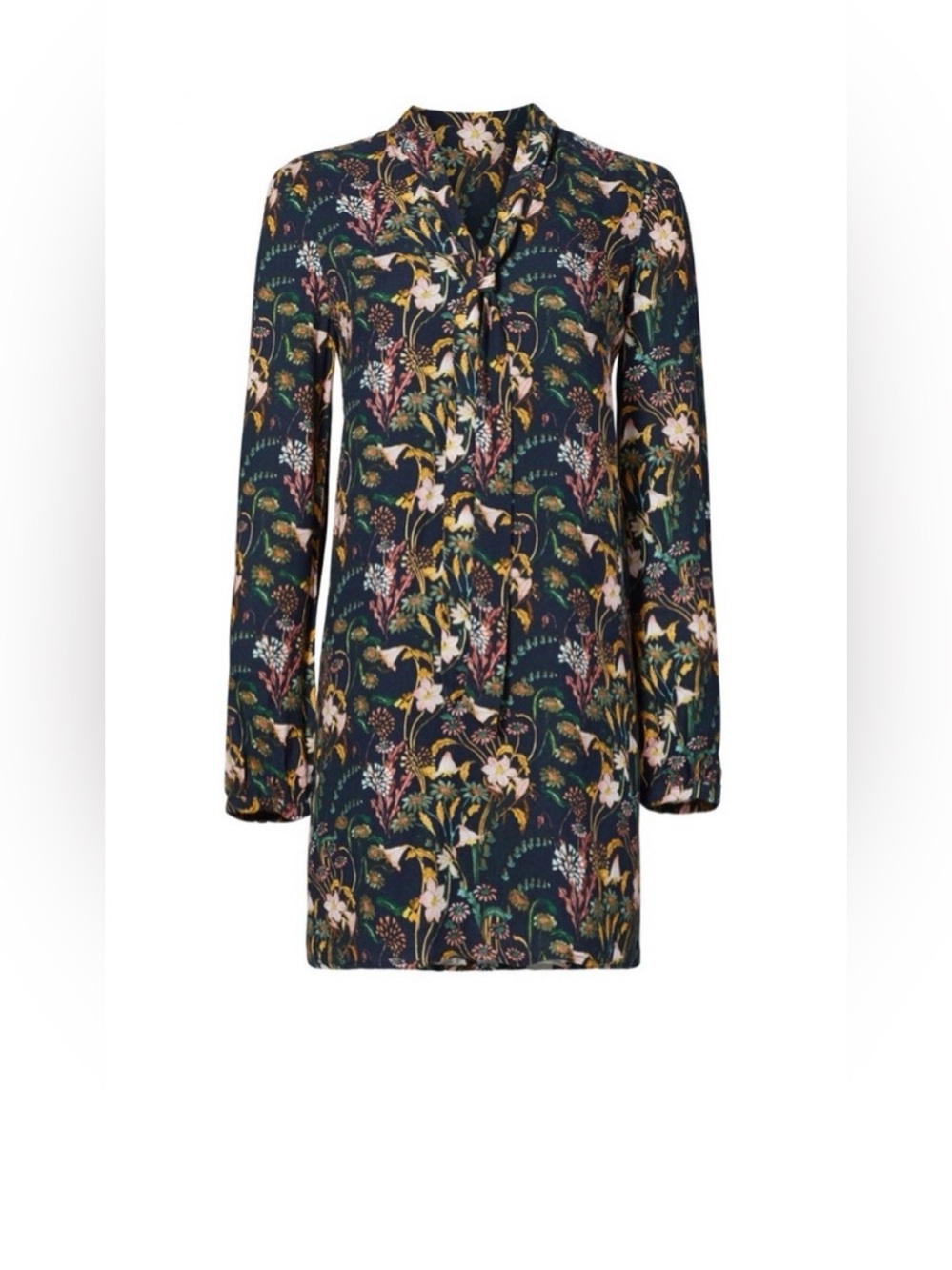 Greylin Breann Floral Dress Navy Green Cream Brown Long-Sleeve Tie-Detail Shift